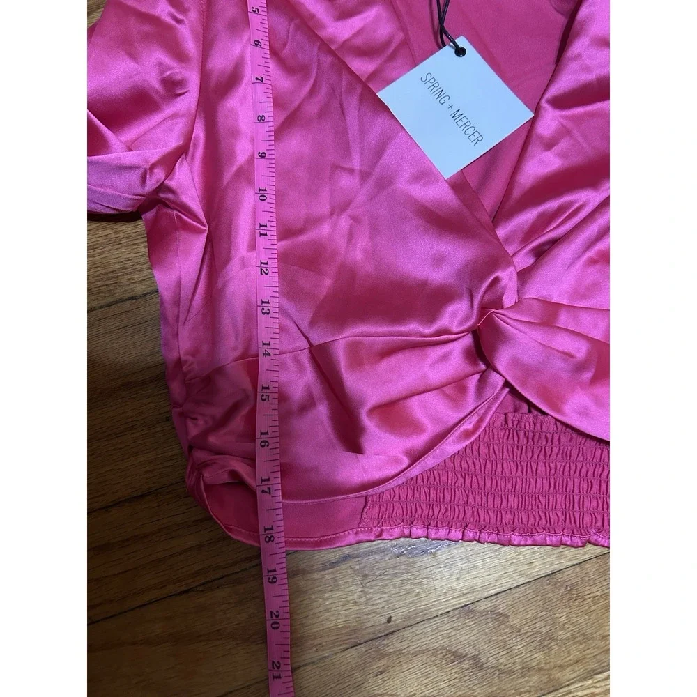 Spring + Mercer Pink Satin Twist Front Crop Top Long Sleeve V- Neck Blouse New L